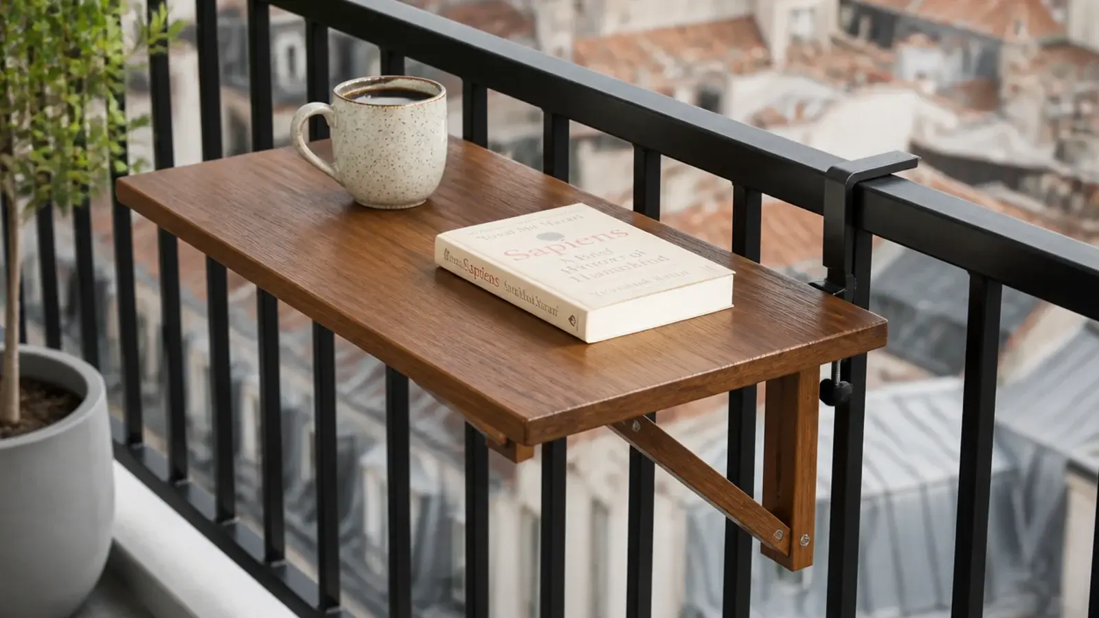 folding table hooked over the inner face of a balcony railing