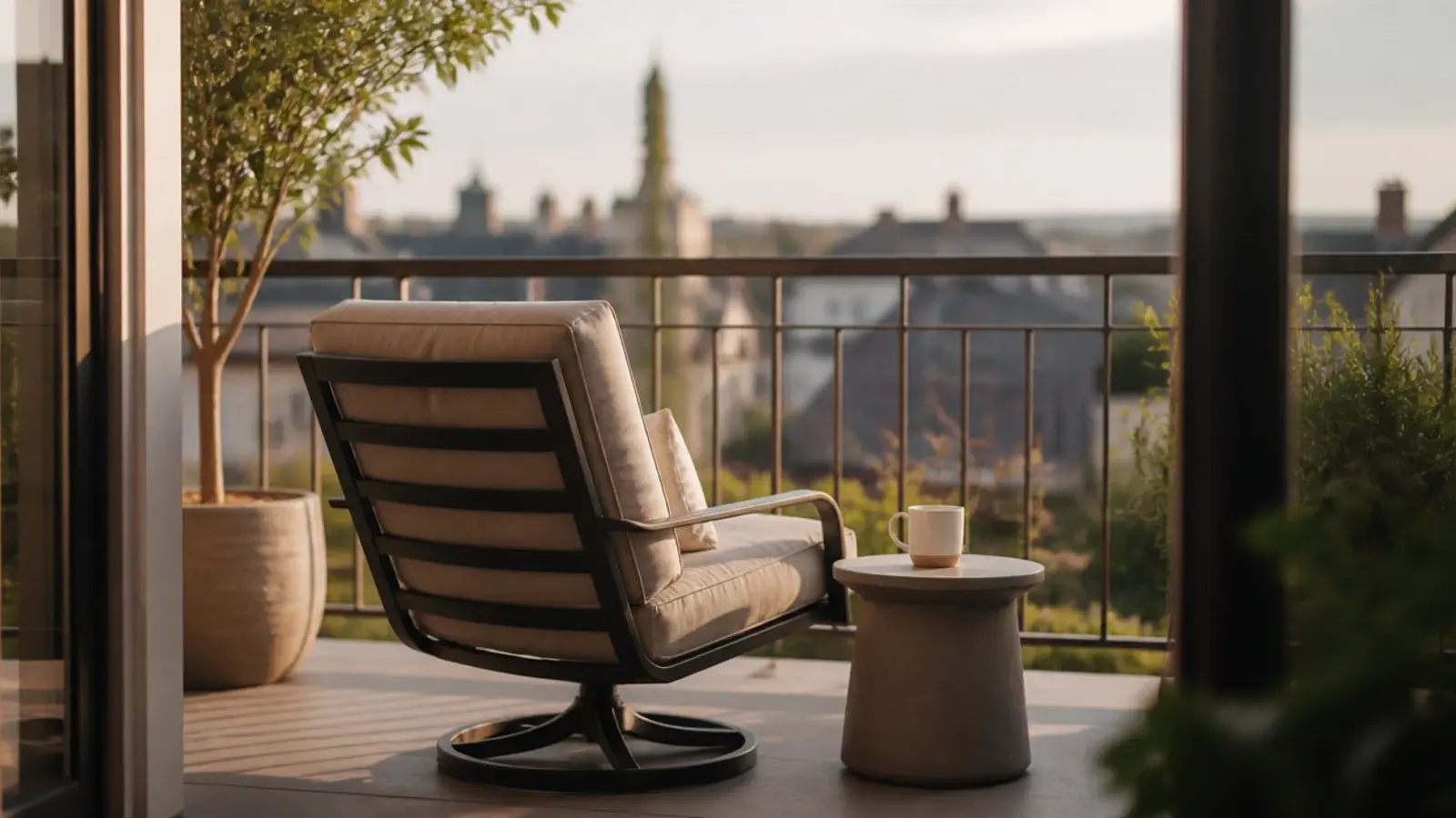 small swivel outdoor chair angled toward a rooftop view