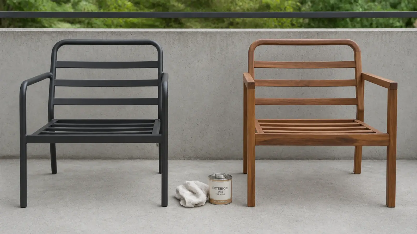 powder coated steel and acacia chair frames compared on a balcony
