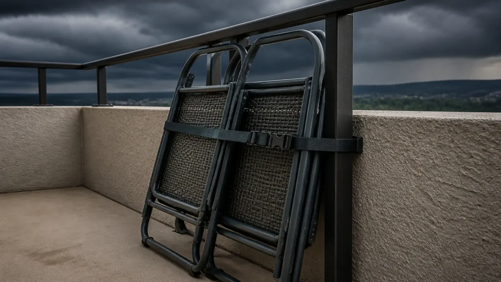 folded chairs strapped to a balcony post before a storm