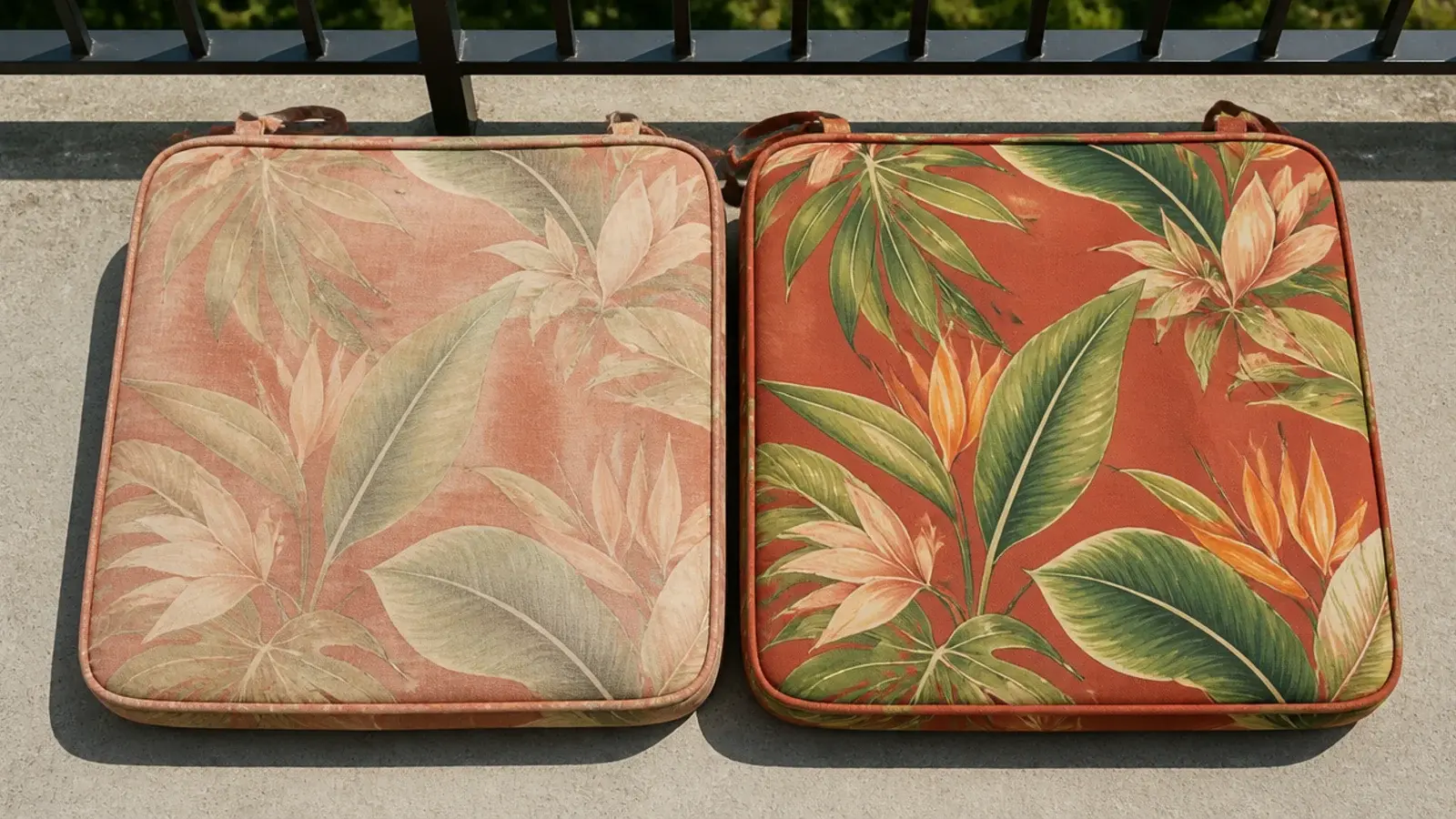 faded printed cushion beside a solution dyed acrylic cushion outdoors