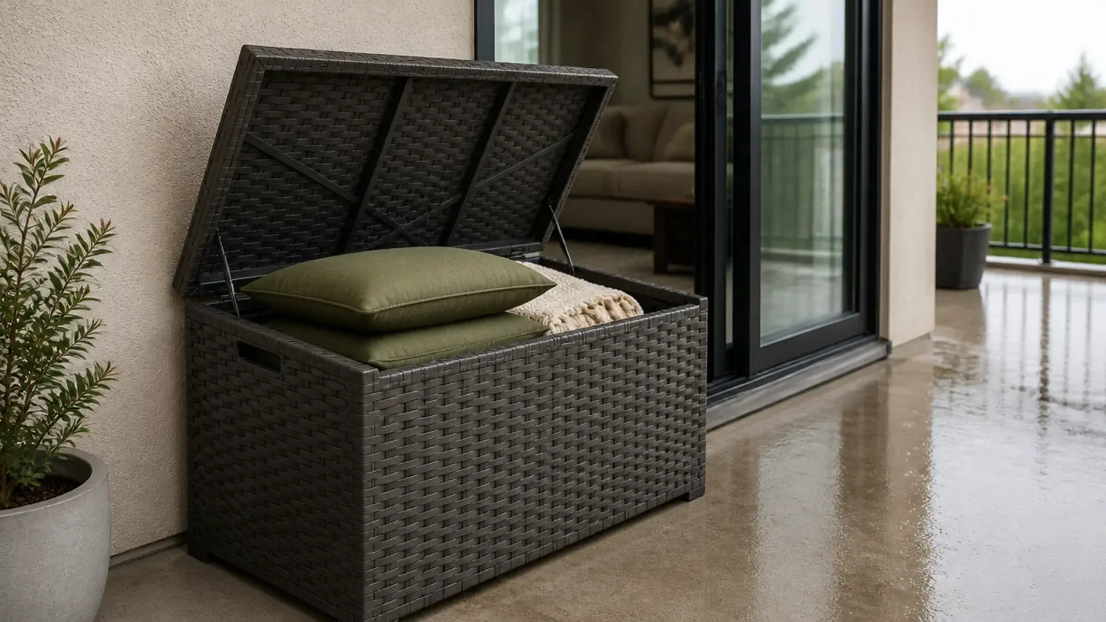 cushions being lifted into a lidded basket beside a balcony door