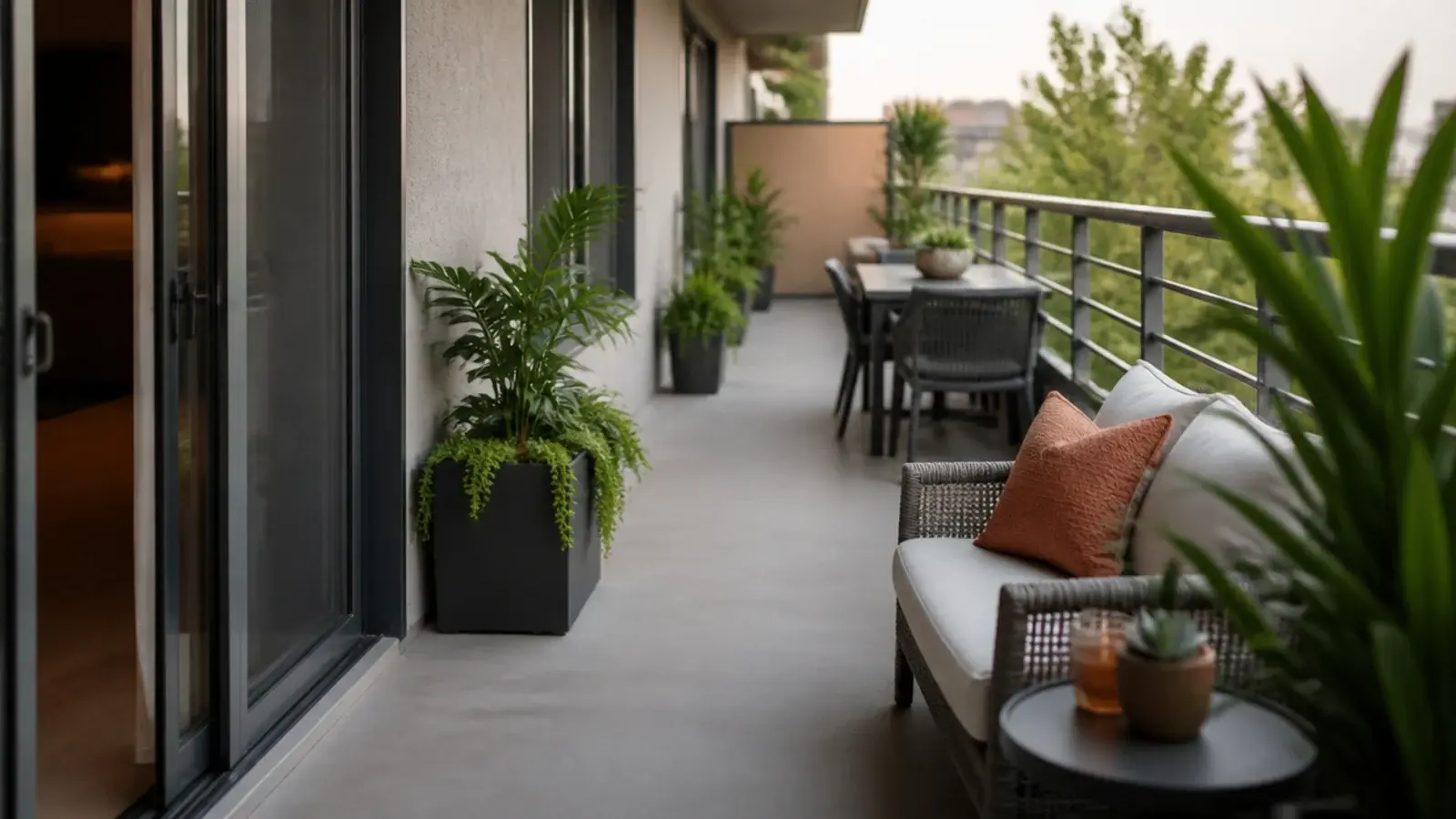 clear walkway running past balcony seating to the sliding door