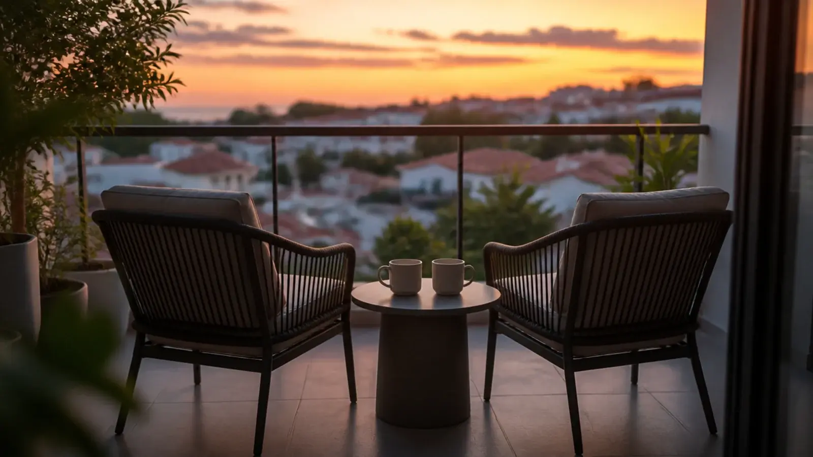 balcony chairs angled toward an open sky and rooftop outlook