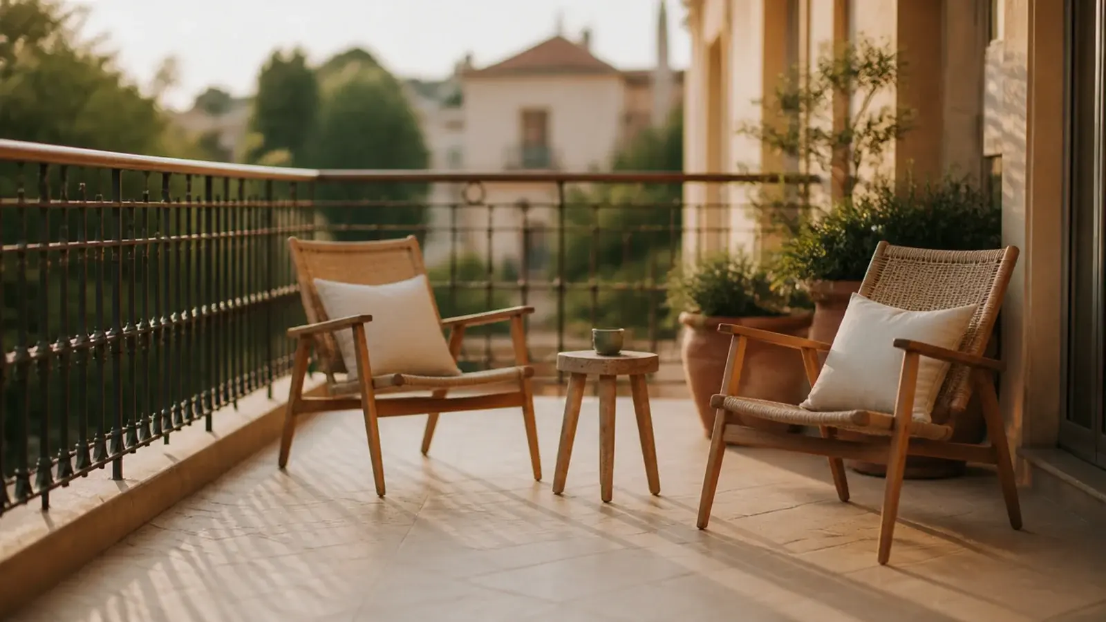two chairs and a stool showing realistic balcony seating capacity