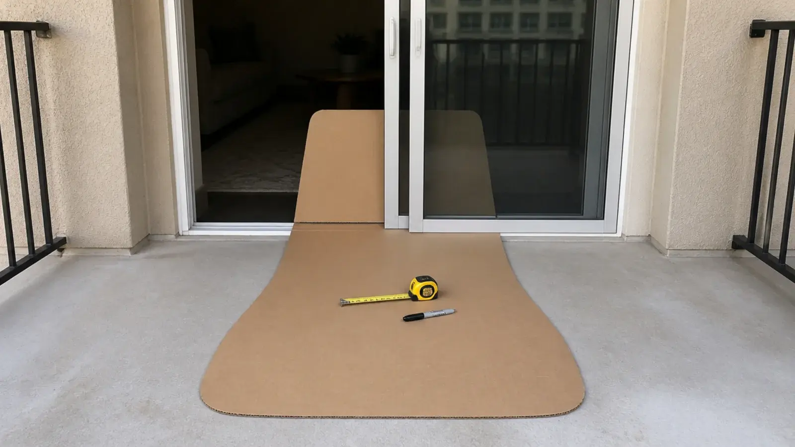 cardboard cutout of a chair placed on a balcony to test fit
