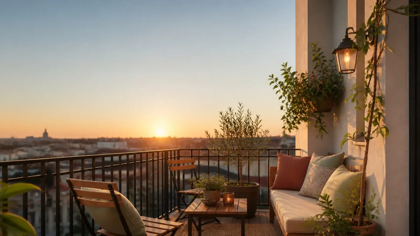 vertical apartment balcony seating image with folding chairs and cushions