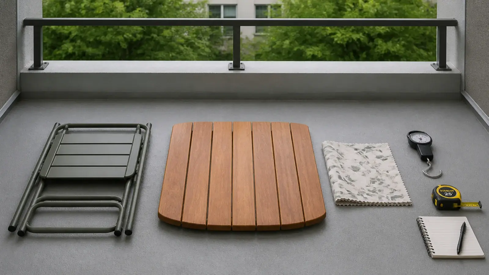 balcony furniture samples being weighed and measured on a concrete slab