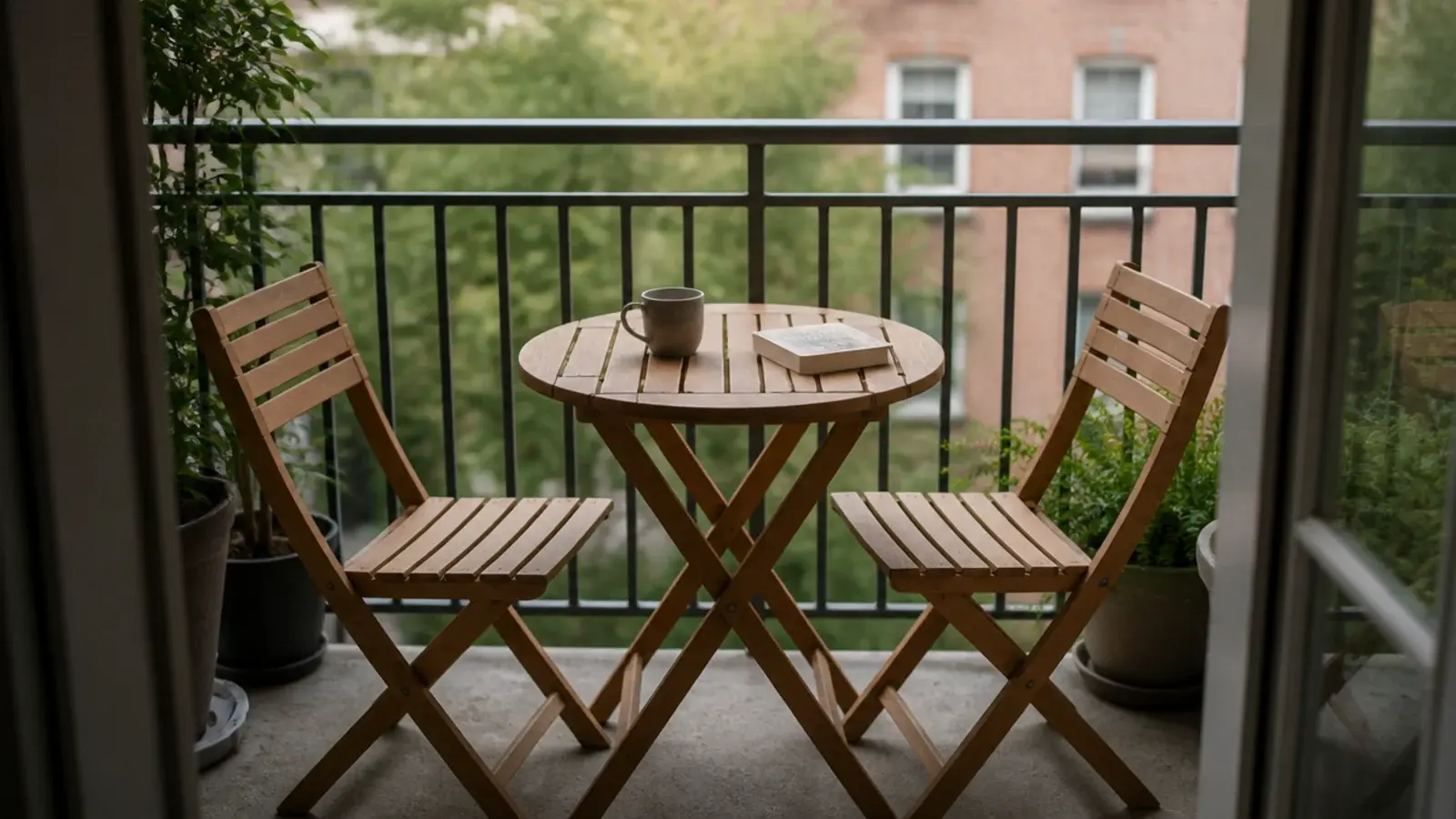folding acacia bistro table and two chairs set up on a small balcony
