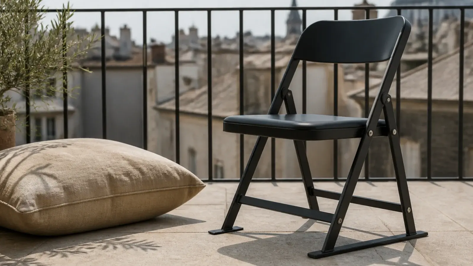 powder coated steel folding chair standing steady on a windy balcony