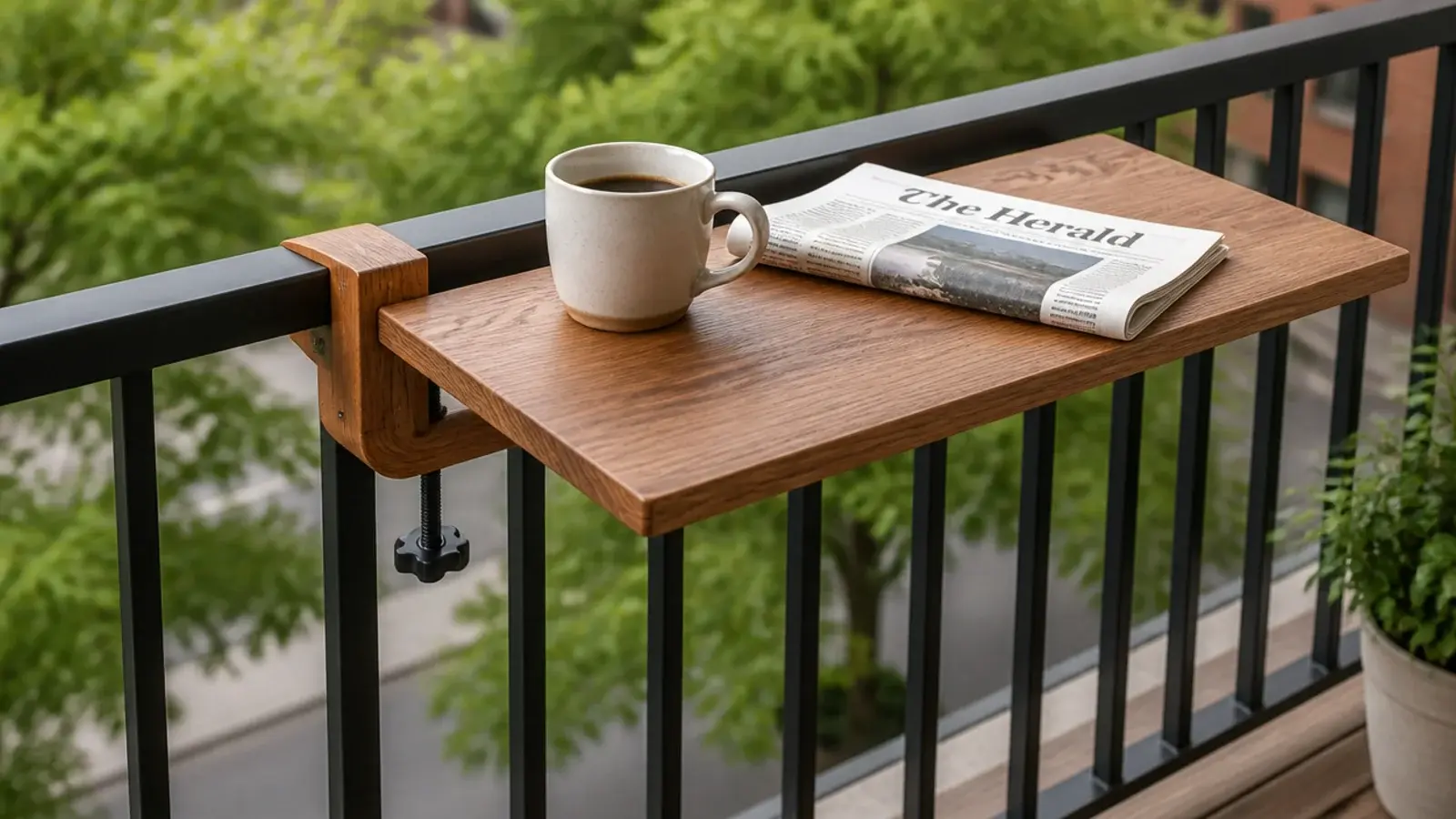hook over drop leaf table clamped inside a balcony railing with coffee