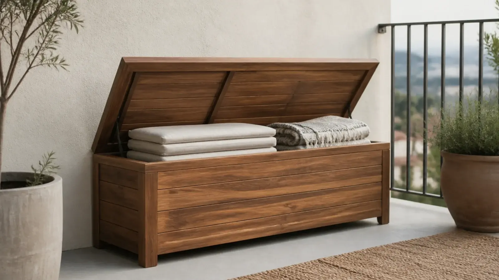 narrow lidded storage bench against a balcony wall holding cushions