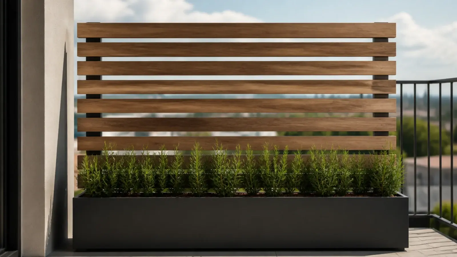 slatted timber privacy panel standing weighted in a balcony planter
