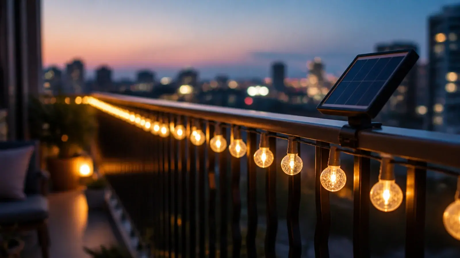 warm solar bulb string glowing inside a balcony railing at dusk