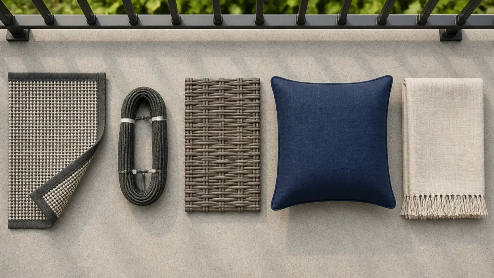 outdoor safe textiles and woven materials laid out on balcony concrete