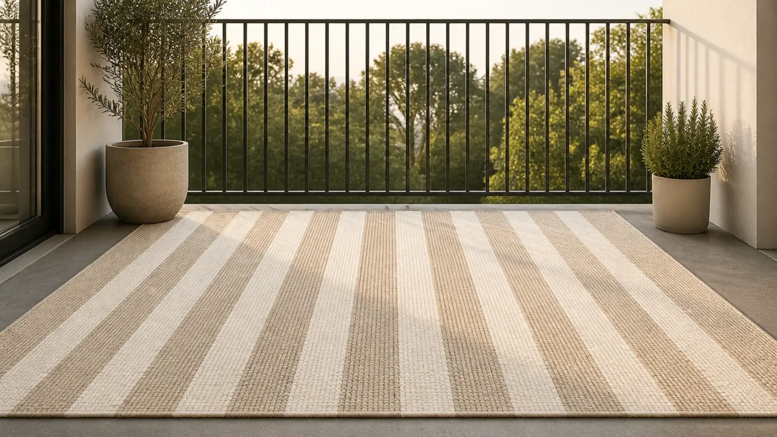 cream flatweave outdoor rug layered over a small balcony floor