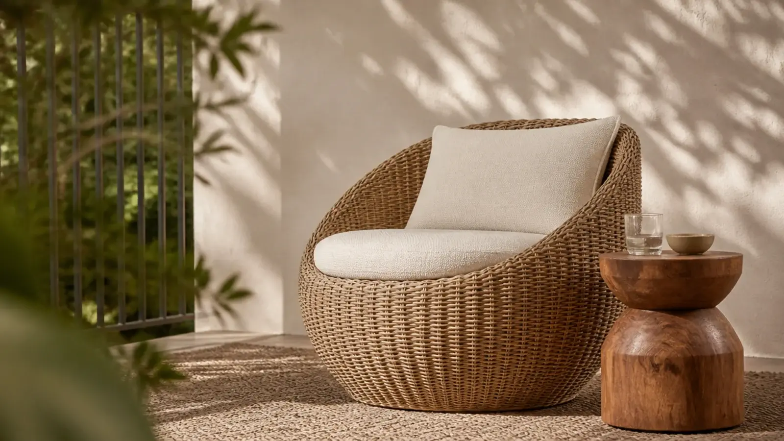 woven PE wicker chair with linen cushion on a sunny balcony