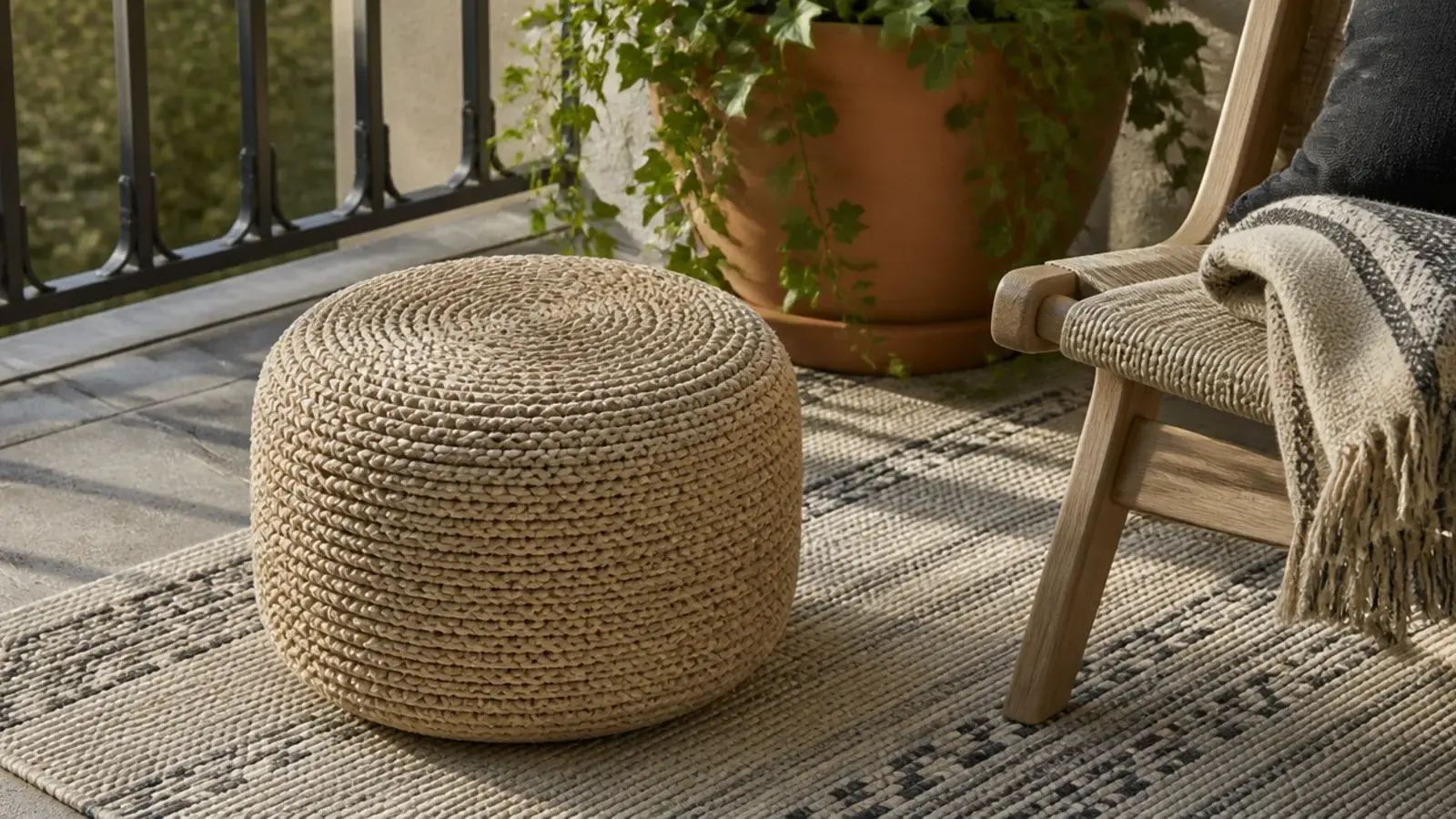 woven outdoor pouf used as a footrest on a balcony rug