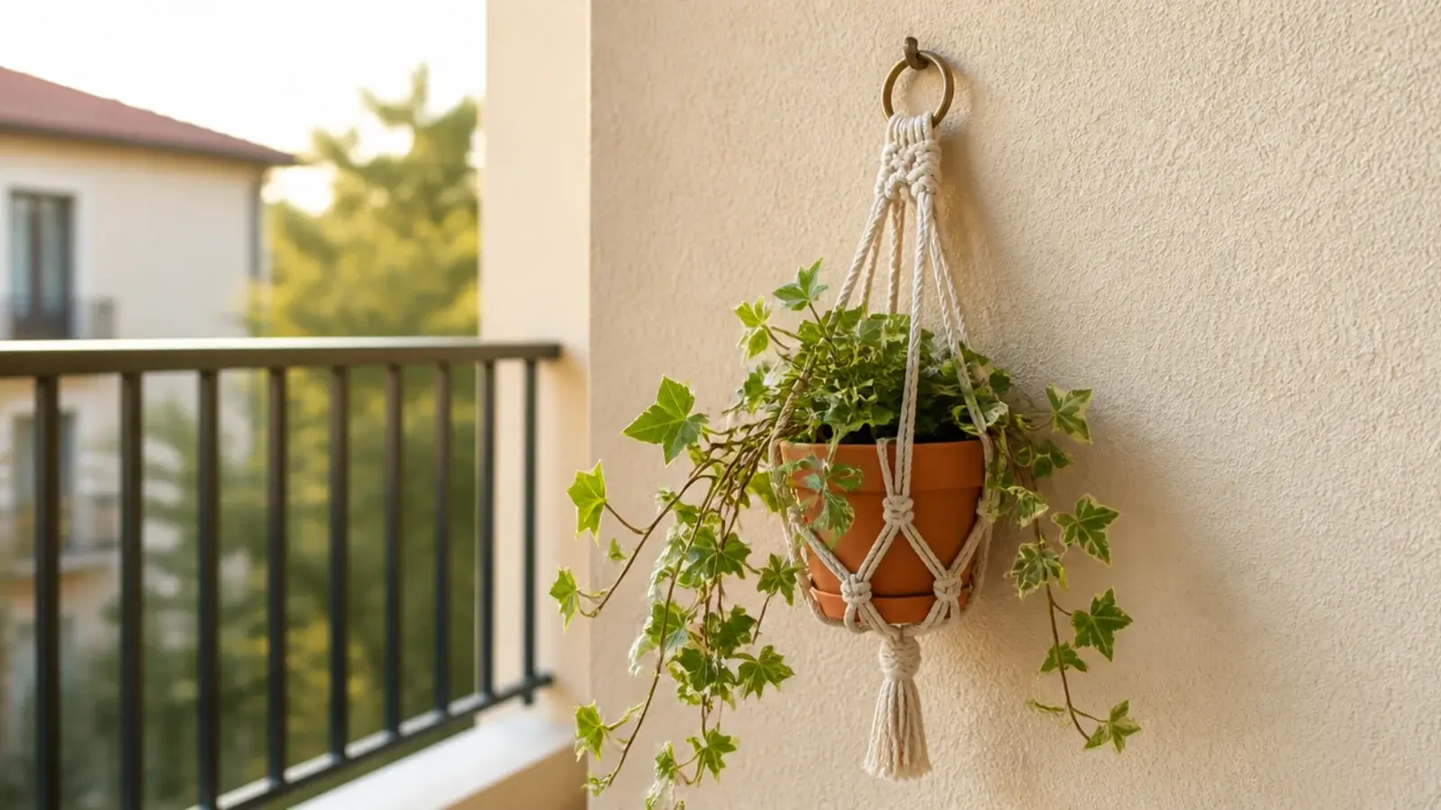 small outdoor macrame hanging against a balcony wall with a plant