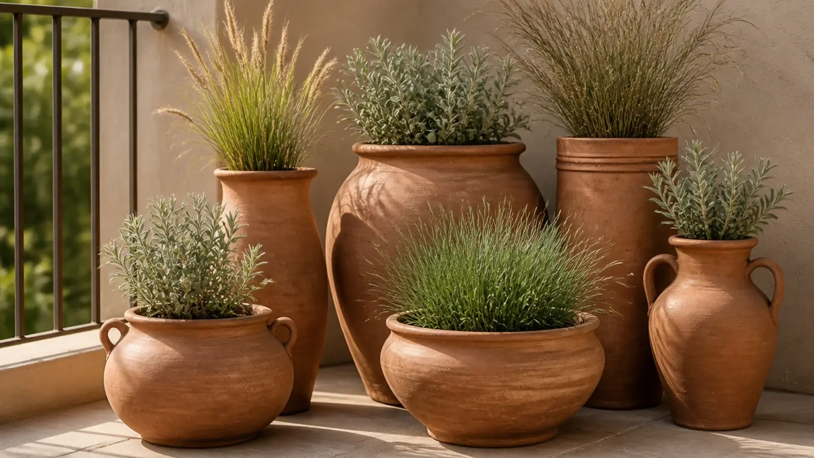 mixed terracotta pot shapes in one warm tone on balcony concrete