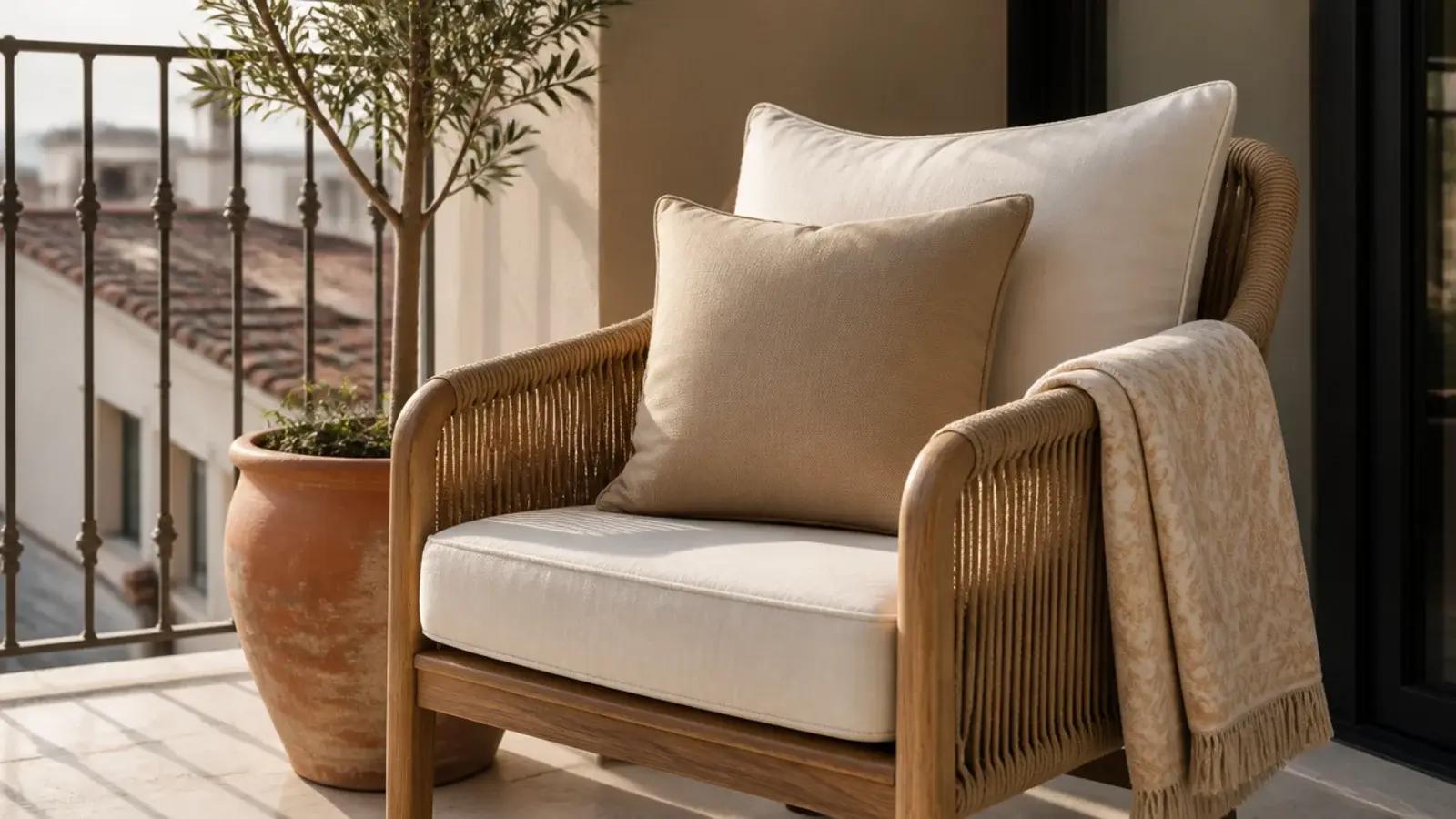 sand and cream cushions with a single patterned throw outdoors