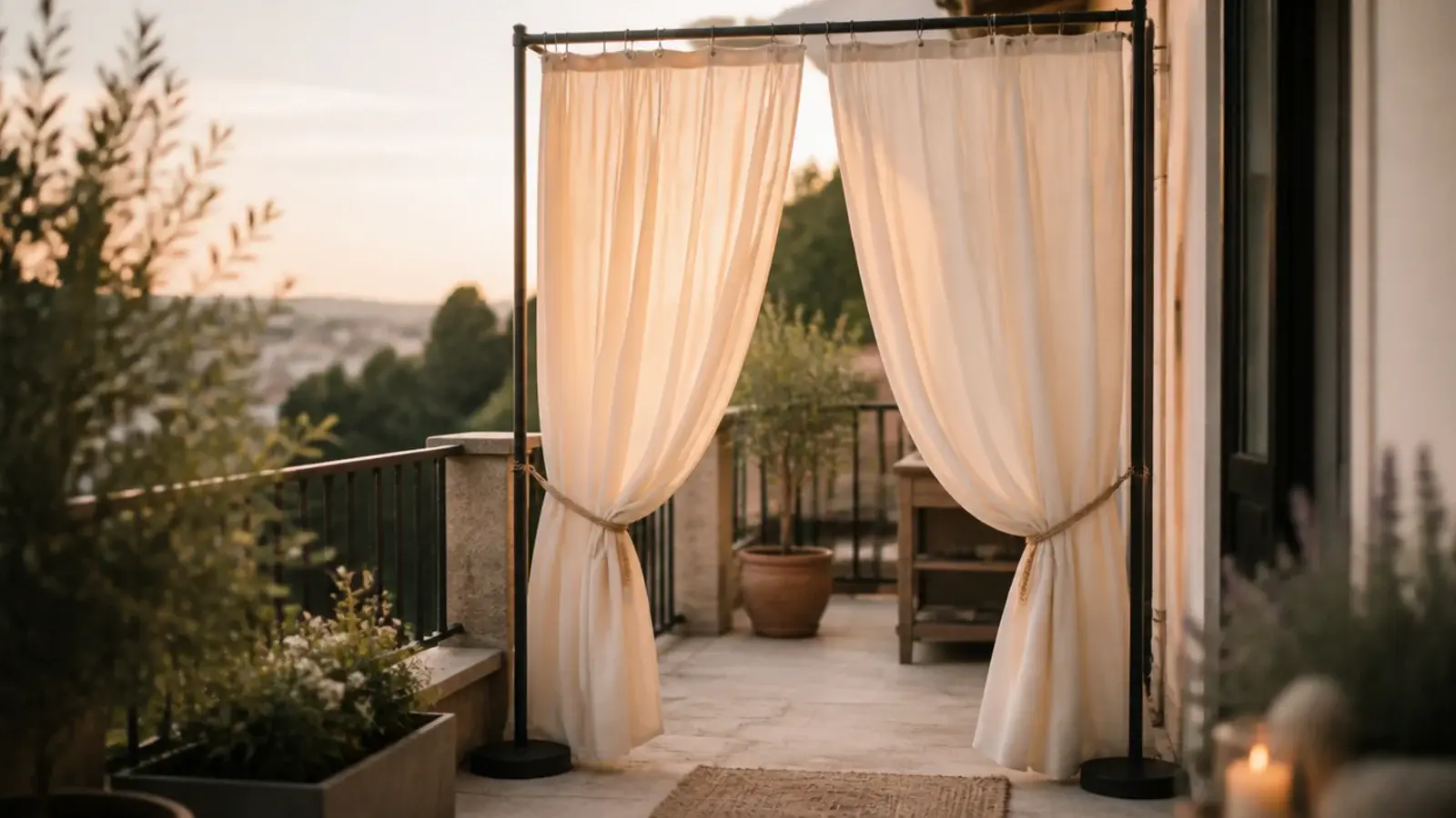 cream outdoor curtain panels on a freestanding frame at a balcony end