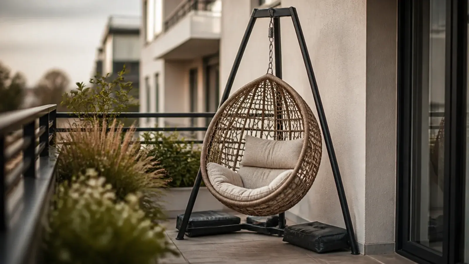 hanging egg chair on a freestanding weighted frame on a balcony