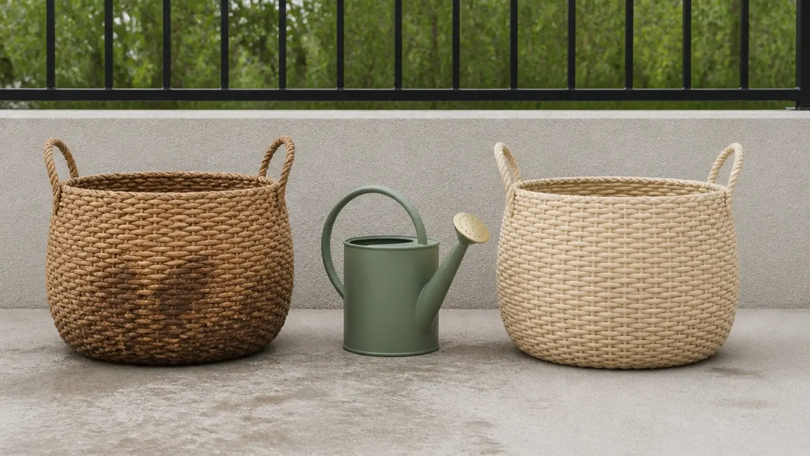 polypropylene woven basket beside a natural seagrass basket outdoors