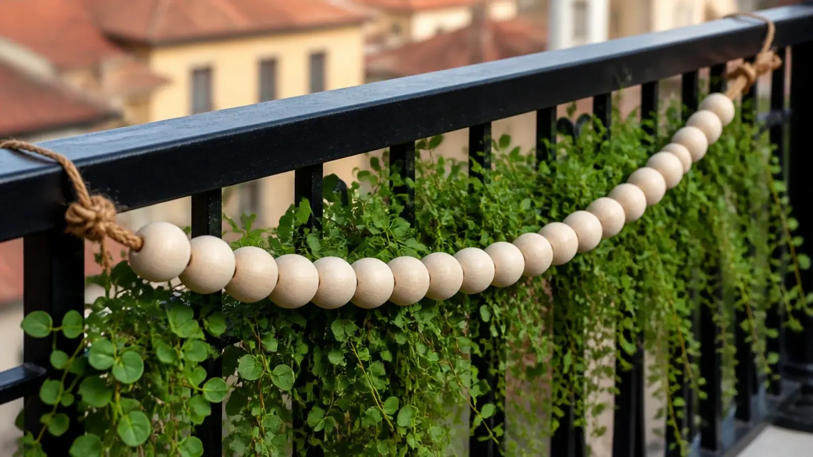 wooden bead garland strung along the inside of a balcony railing