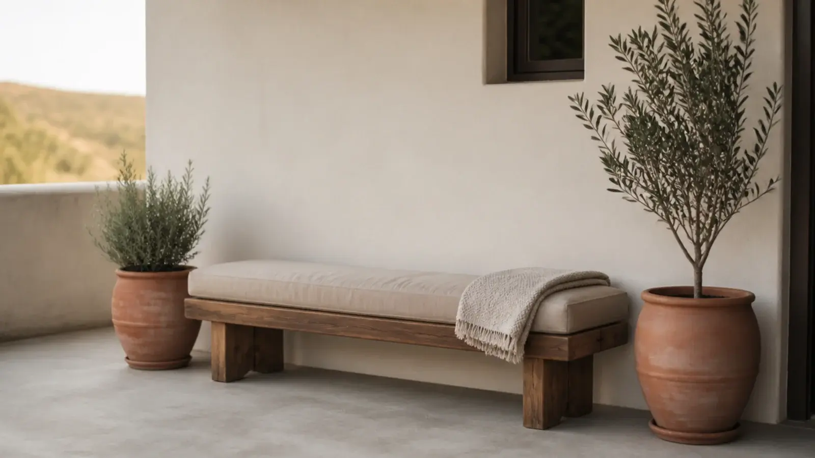 low wooden bench with cushion and throw against a balcony wall