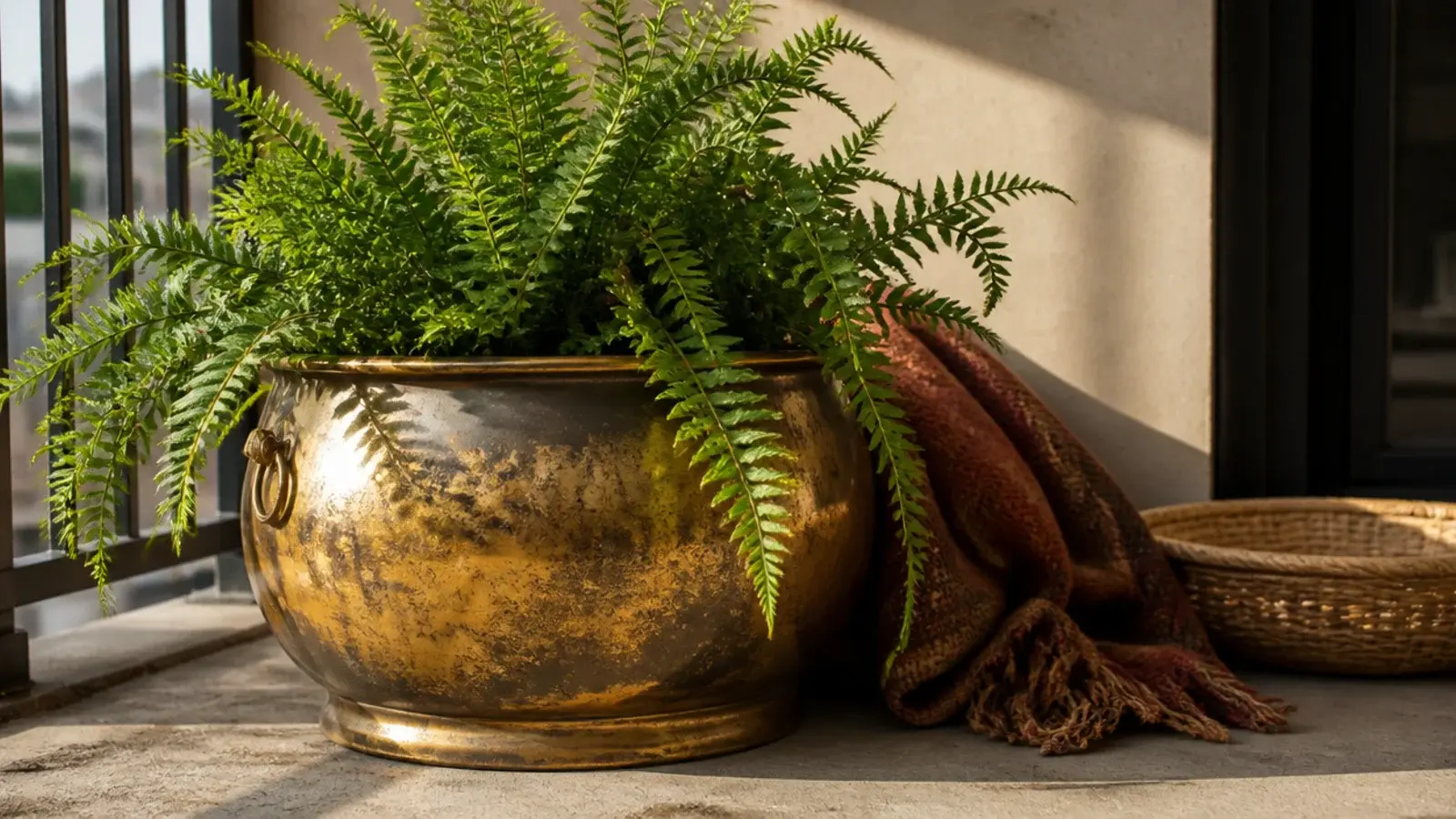 heavy aged brass vessel used as a planter on a balcony floor