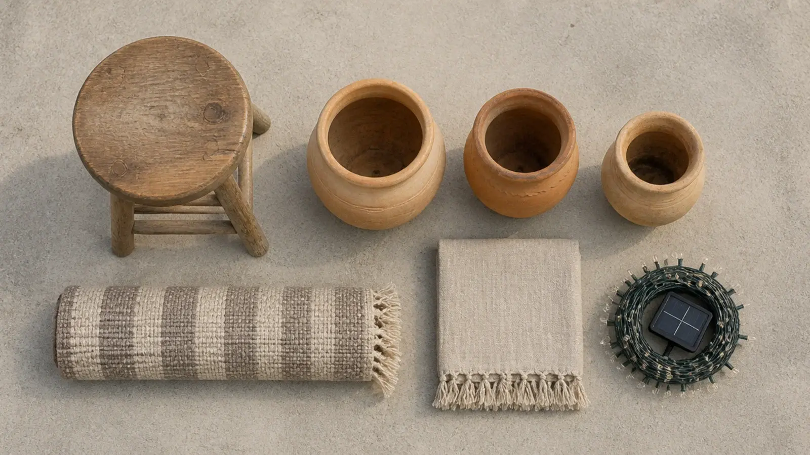 thrifted balcony pieces gathered on a slab before styling begins