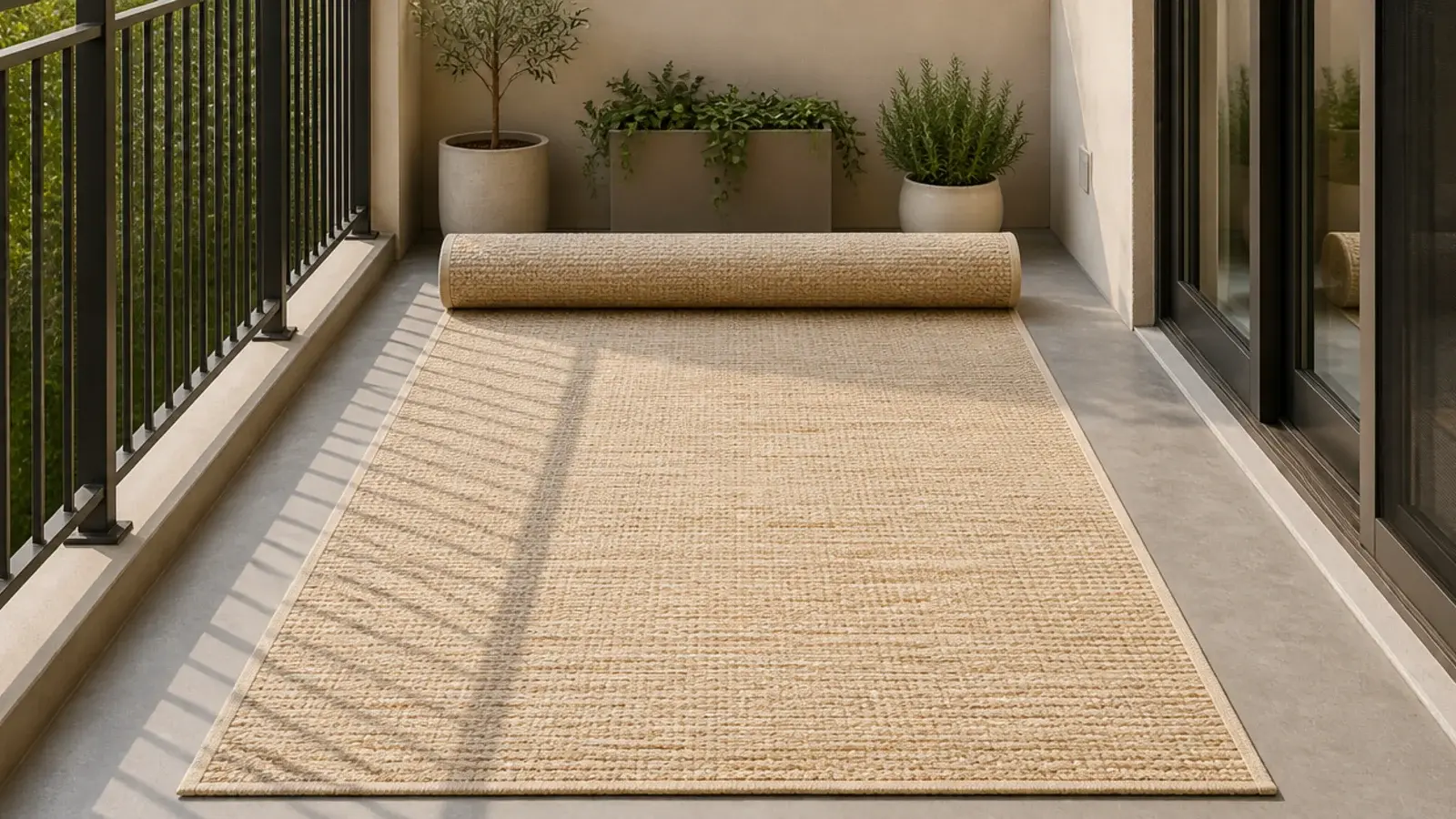 sand flatweave outdoor rug unrolled across small balcony concrete