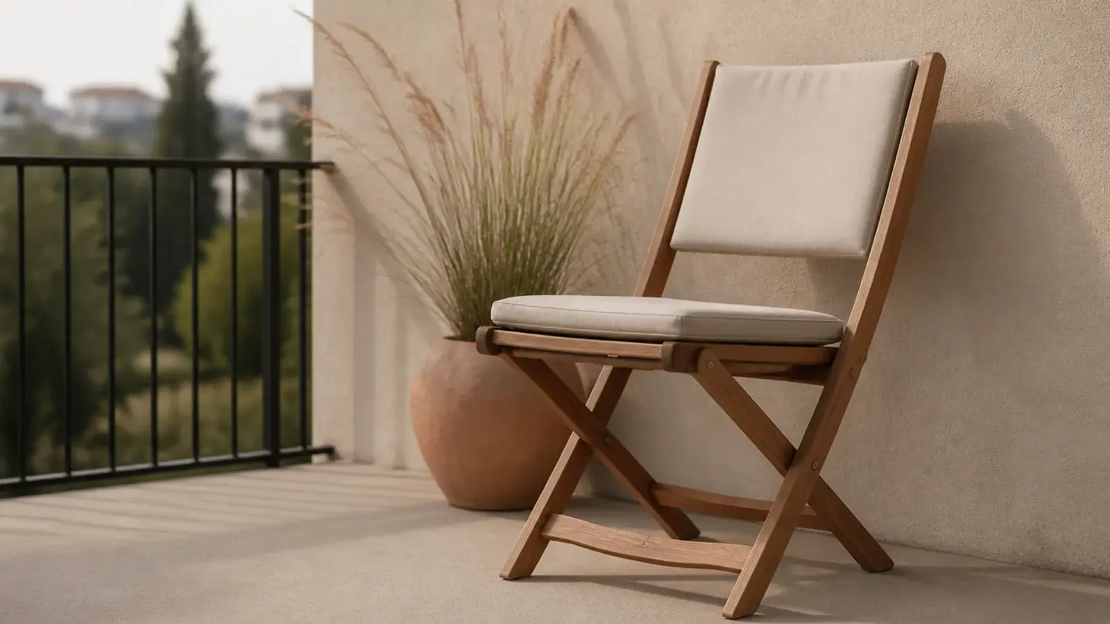 single comfortable folding chair with linen cushion on a balcony