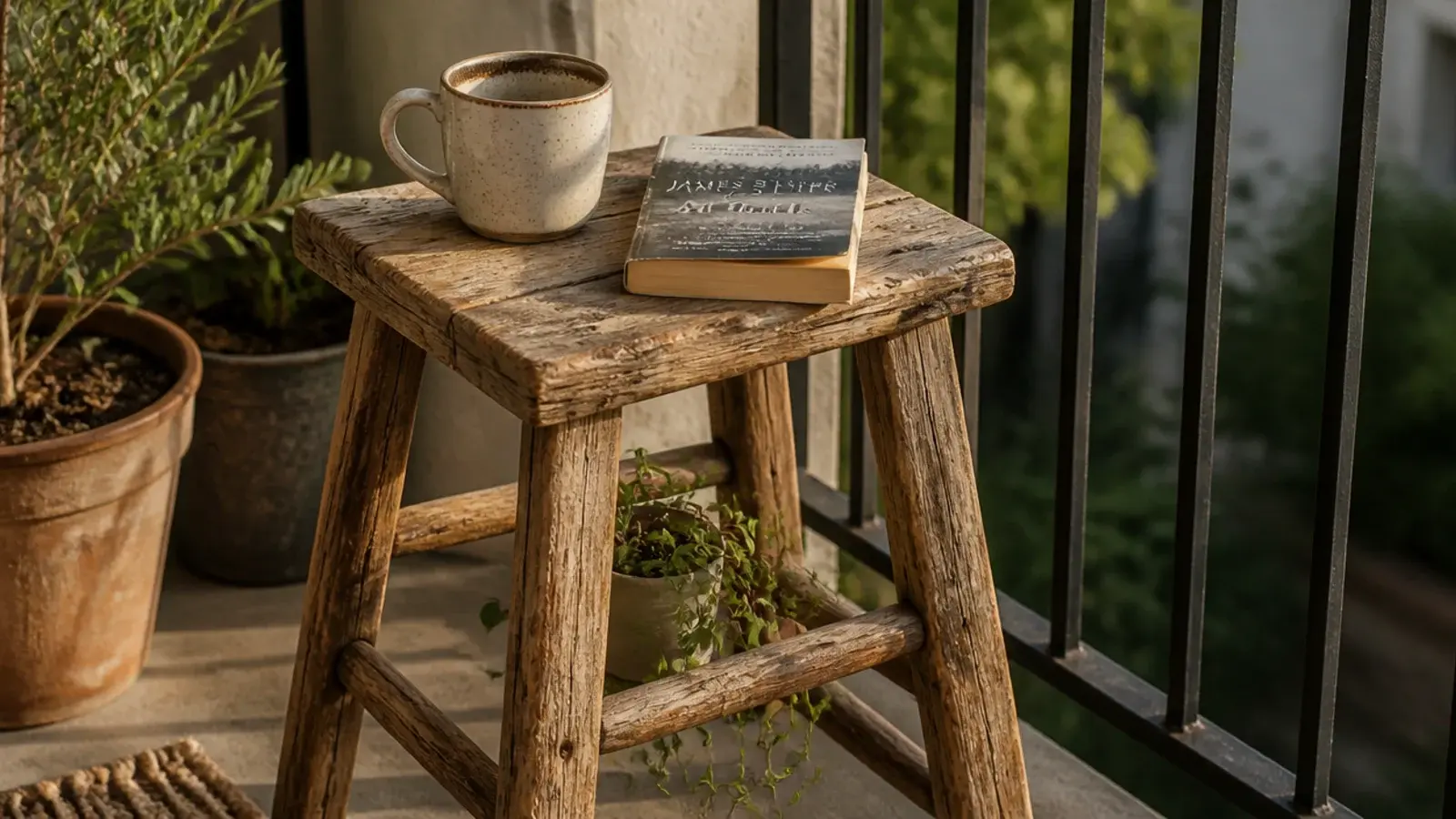 worn thrifted wooden stool used as a balcony side table with mug