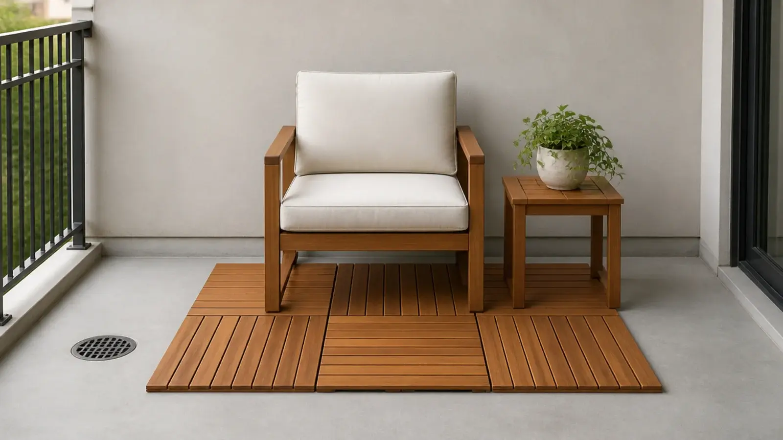 partial run of acacia deck tiles under a balcony seating area