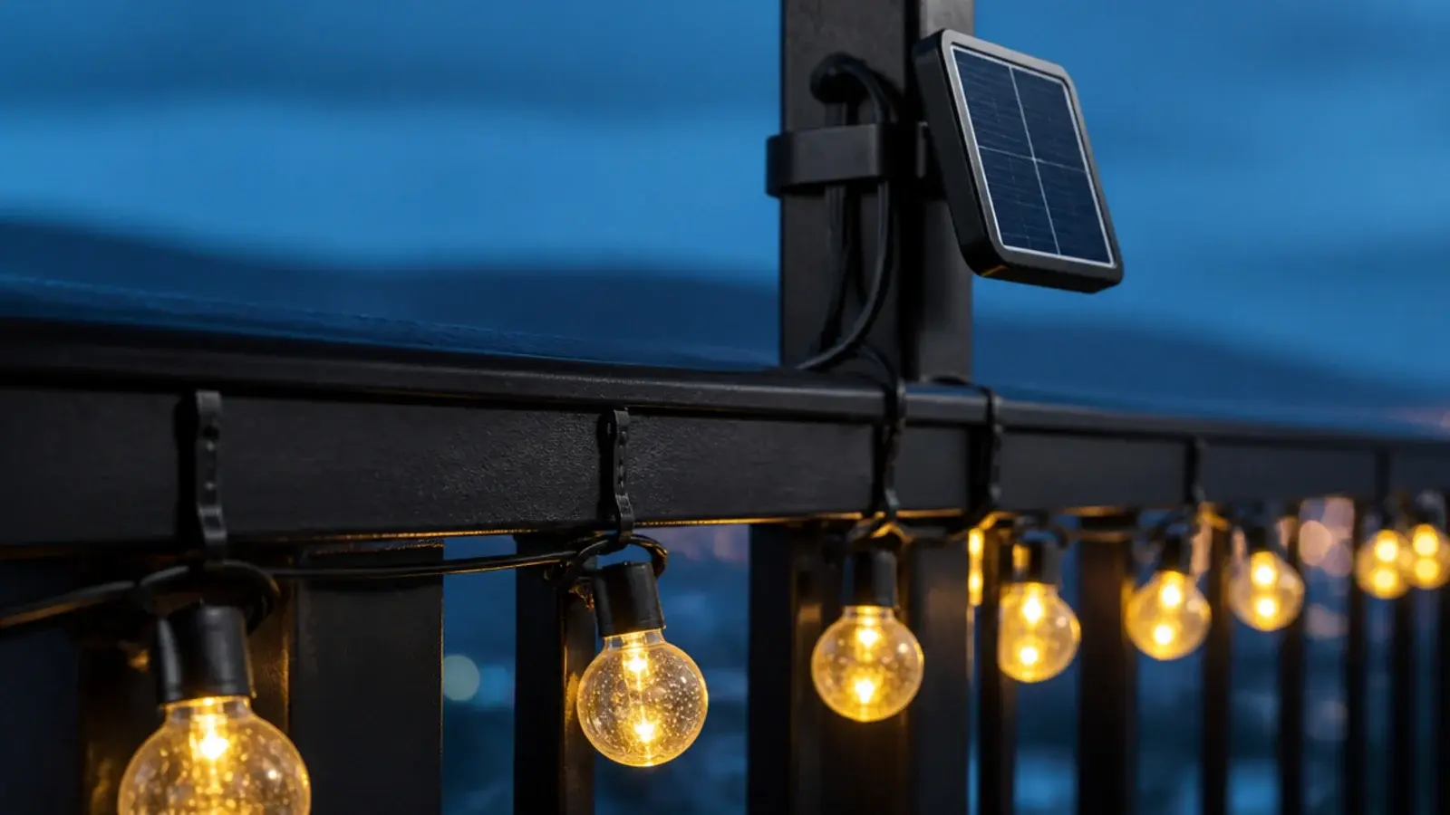 budget solar bulb lights zip tied along an inner balcony railing
