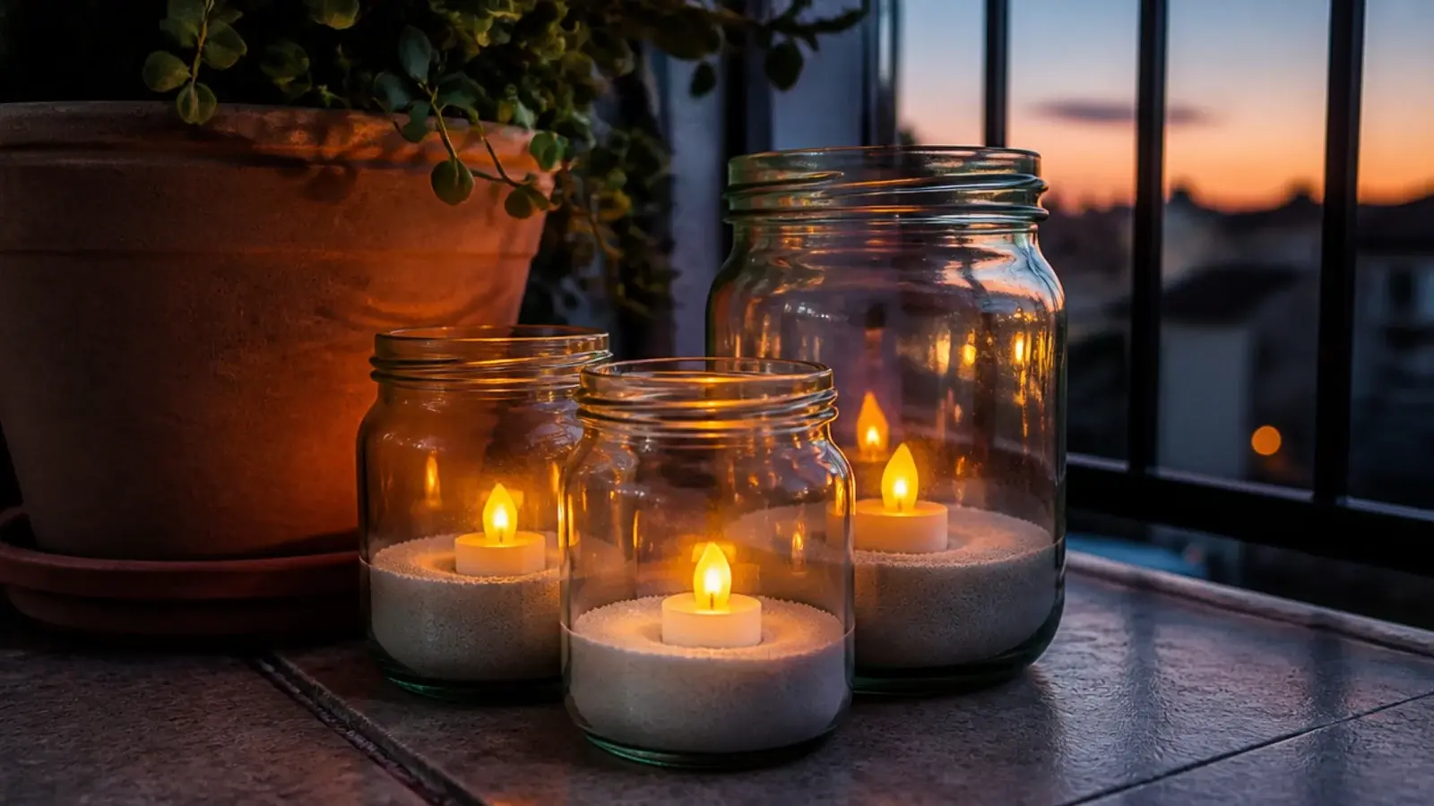 glass jars filled with sand holding flameless tea lights on concrete