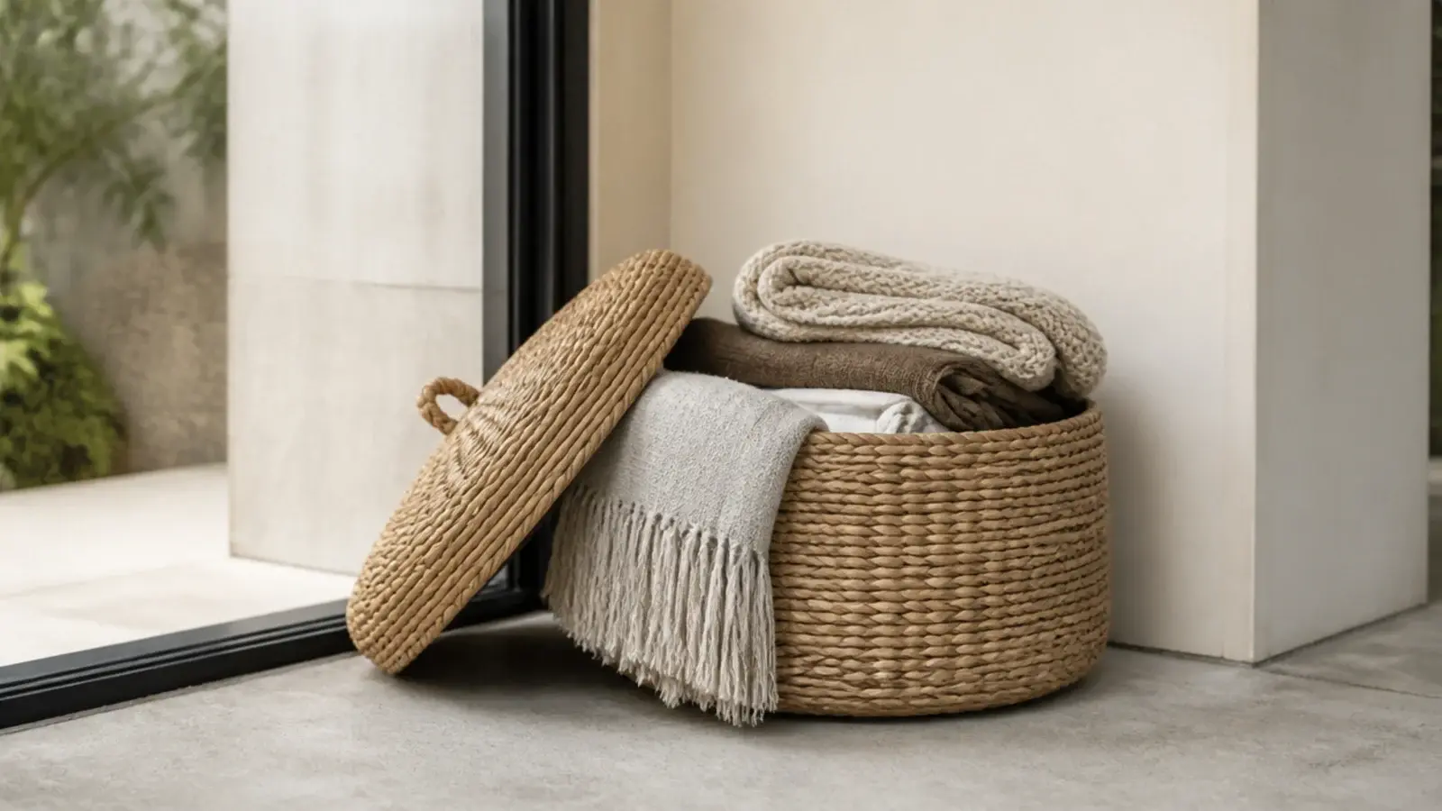seagrass lidded basket of throws beside a balcony sliding door
