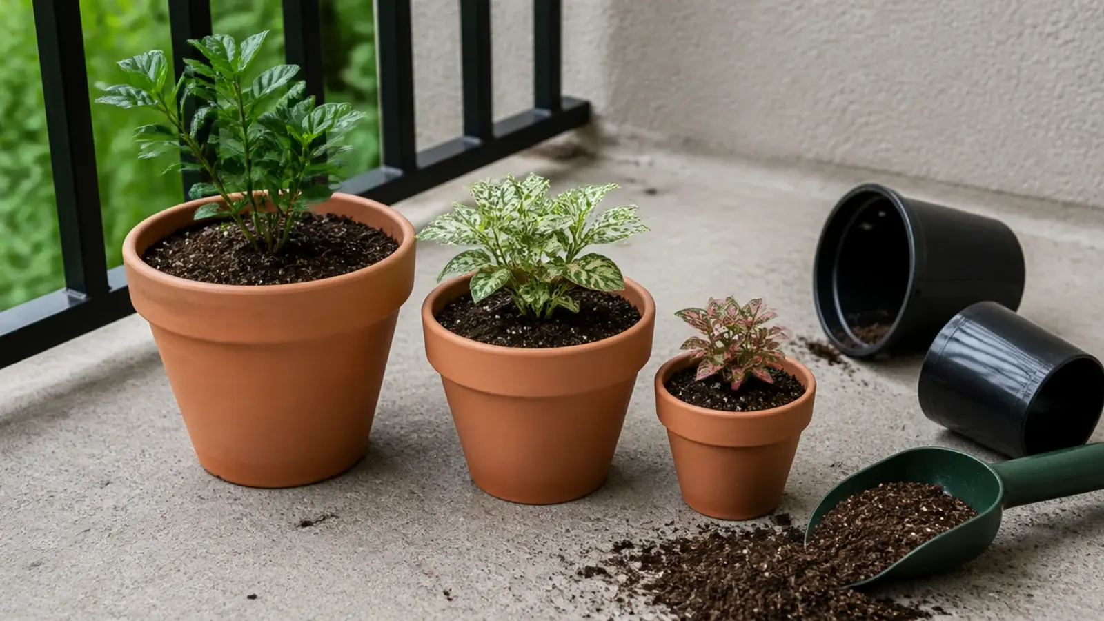 plants moved from black plastic pots into plain terracotta on a balcony