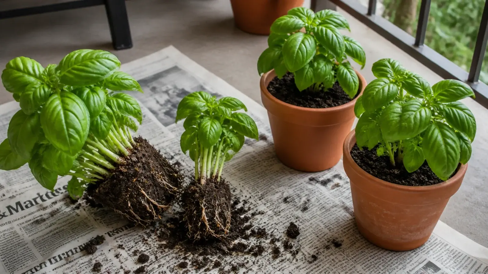 supermarket basil divided into three terracotta pots on a balcony