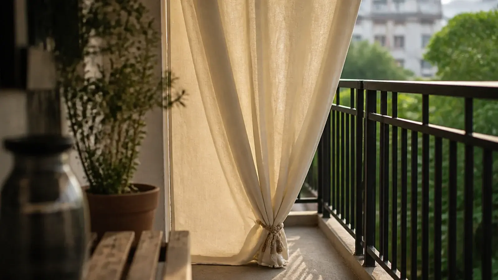 cream canvas drop cloth curtain tied back on a balcony corner
