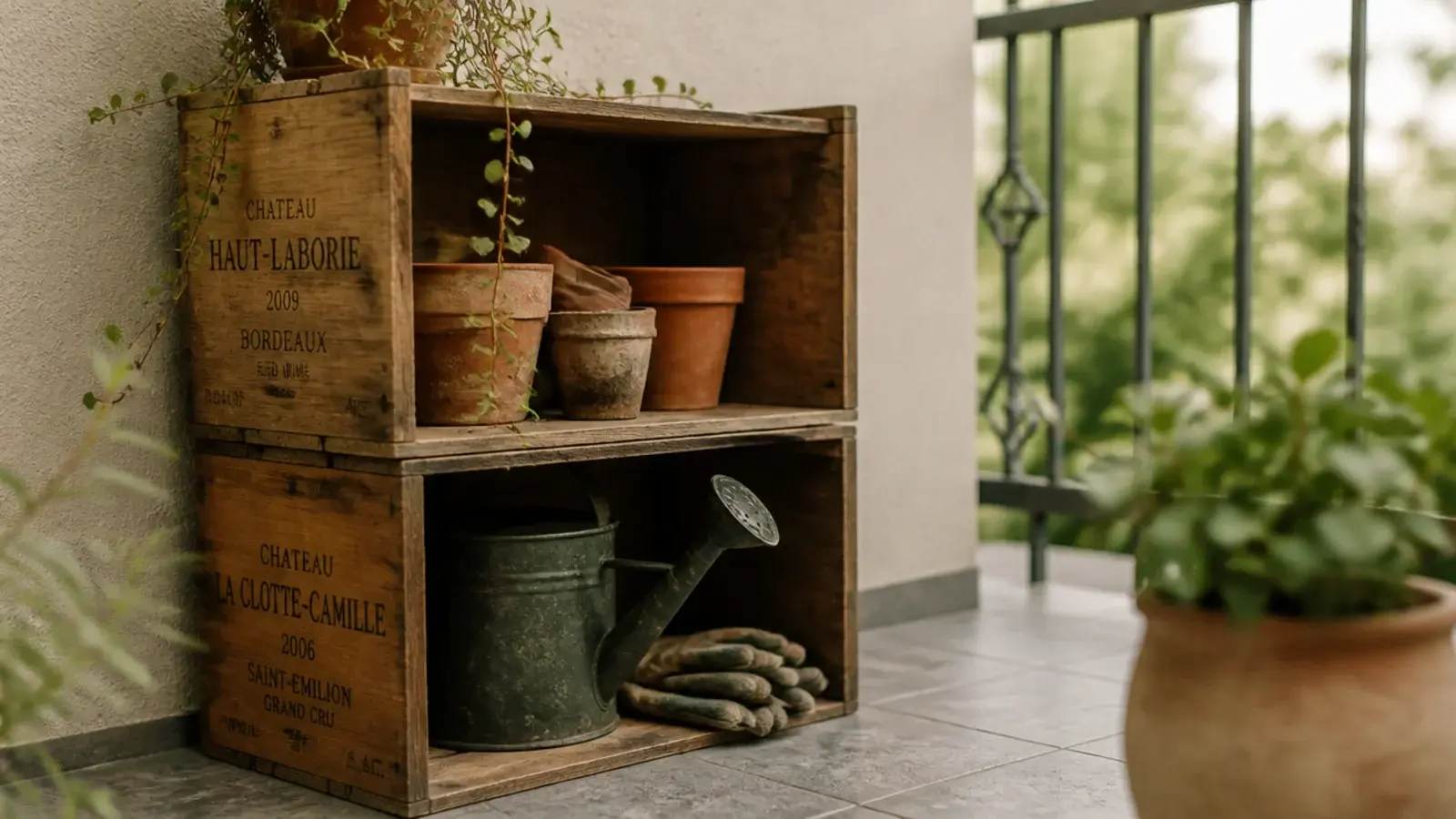stacked wooden crates holding pots and tools on a small balcony