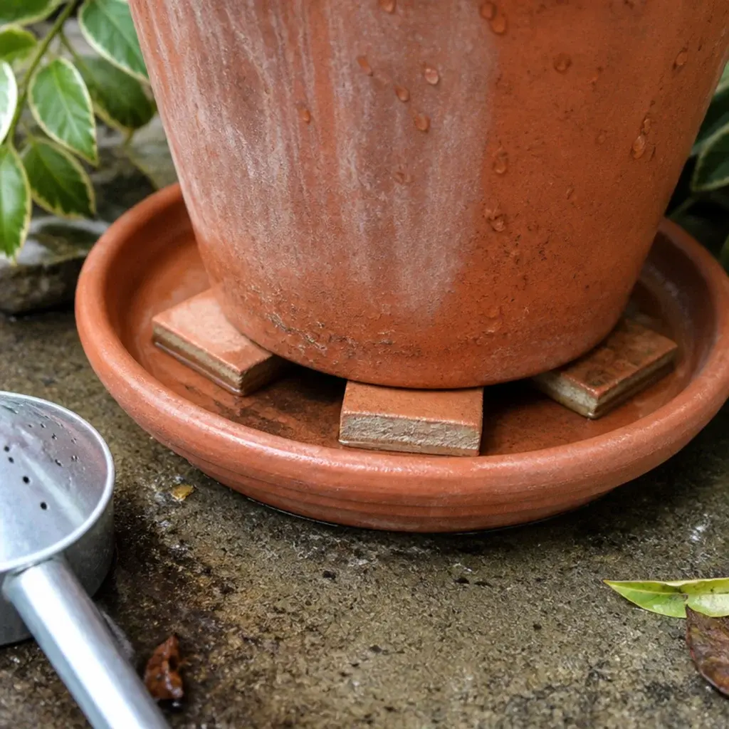 small tile offcuts lifting a terracotta pot above its saucer