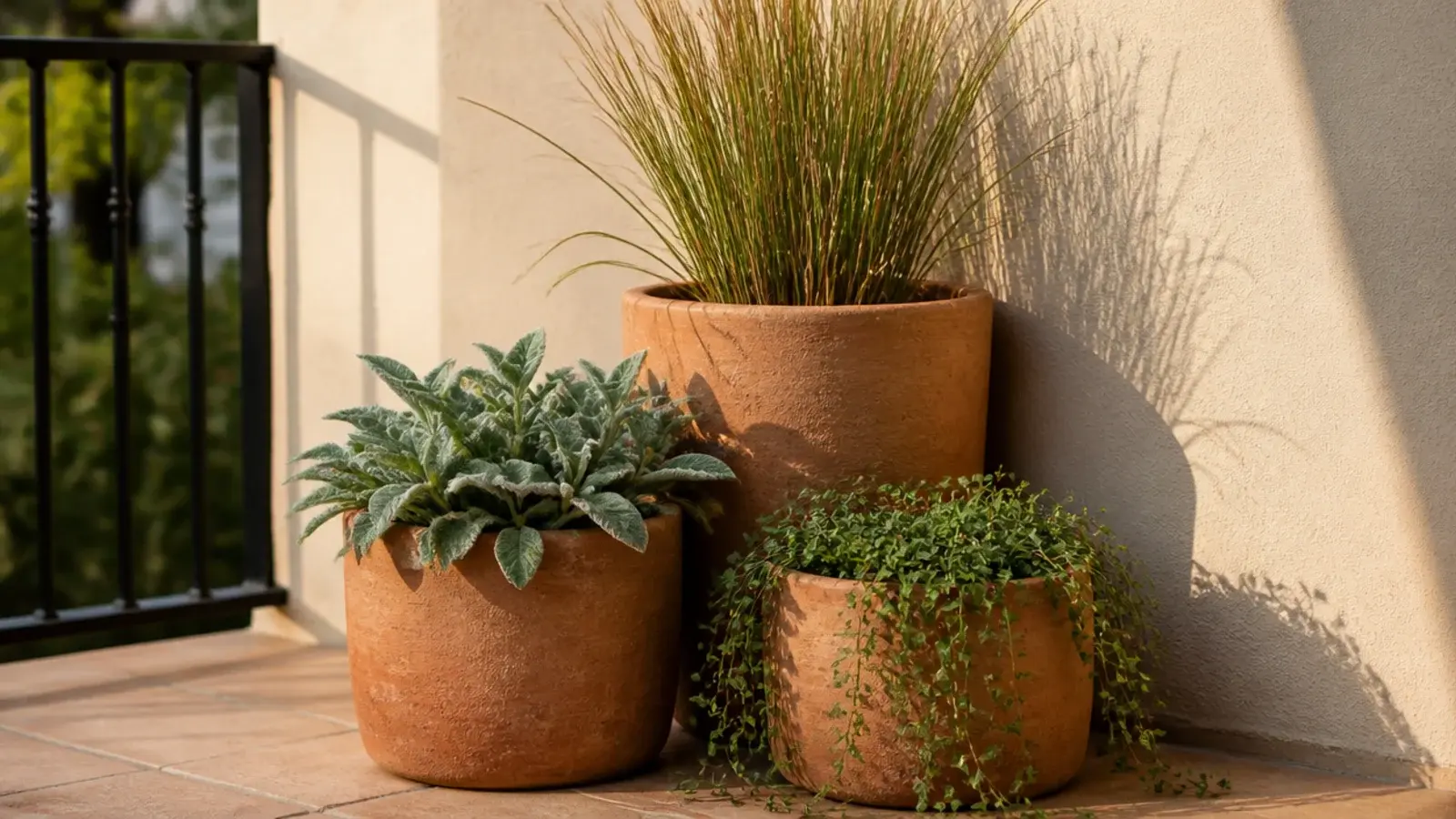 three balcony pots of different heights grouped tightly by a wall
