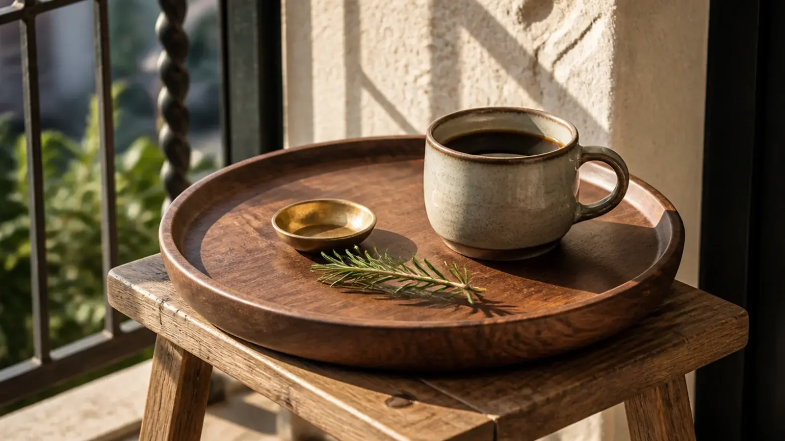 round wooden tray set on a stool holding coffee on a balcony