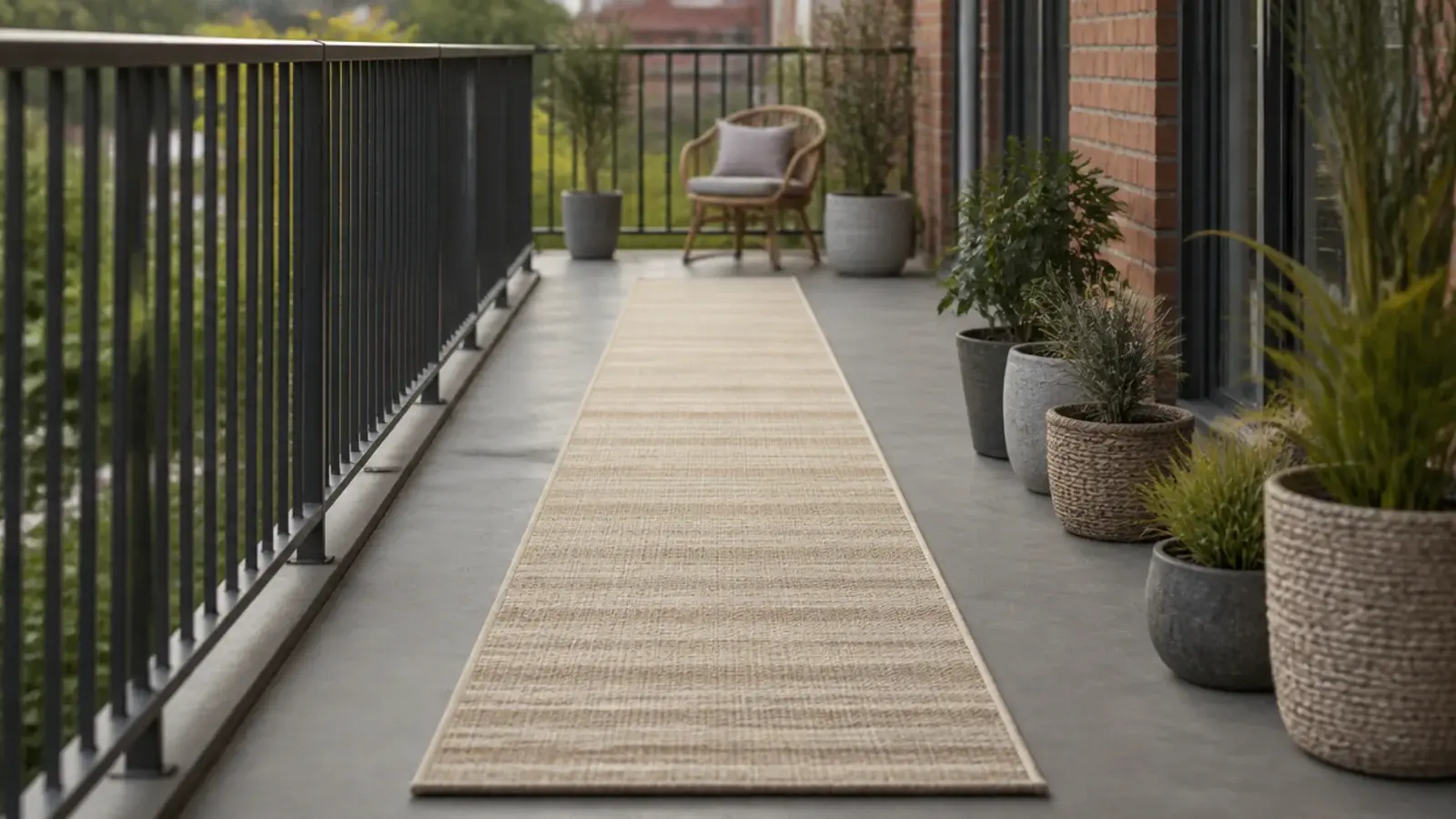 narrow flatweave runner laid along a long narrow balcony floor