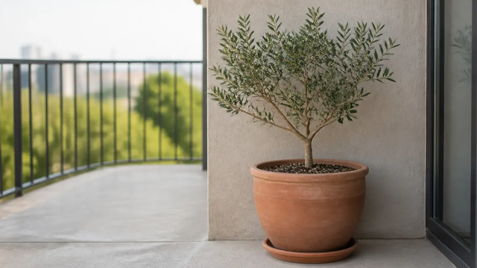 single large terracotta planter anchoring the corner of a balcony