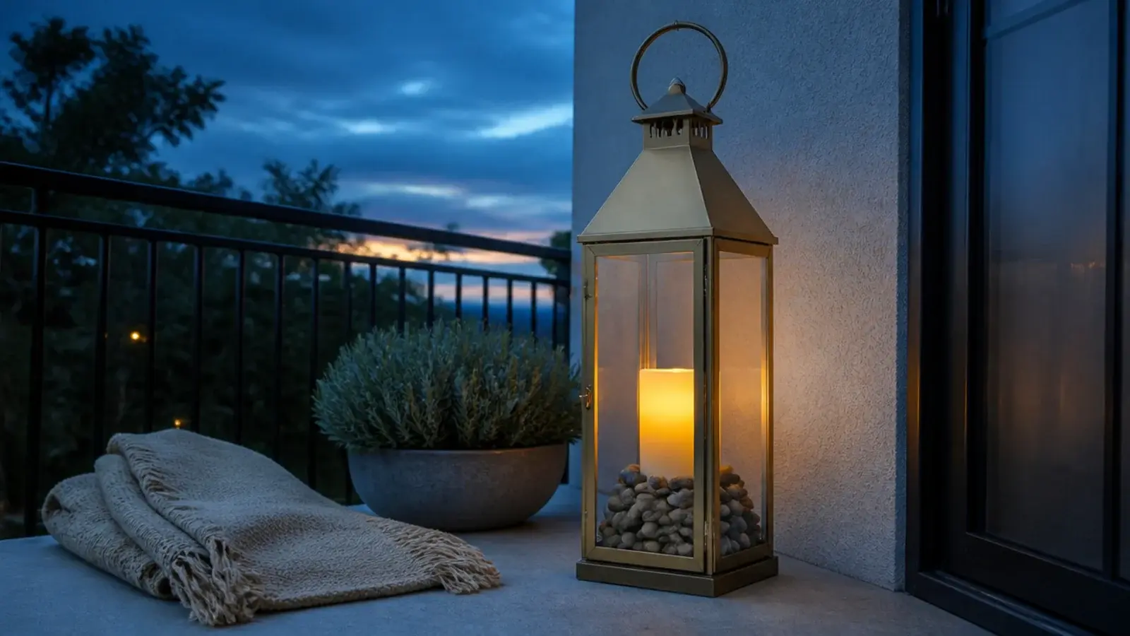 large brass floor lantern weighted with stones on balcony concrete