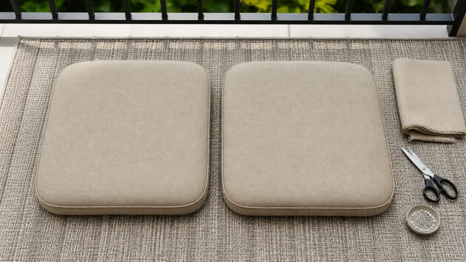 indoor cushion pads recovered in sand outdoor fabric on a balcony